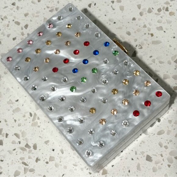 Milly Box Acrylic Clutch Swarovski Crystal Rainbow Stripe Removable Chain - Picture 7 of 14